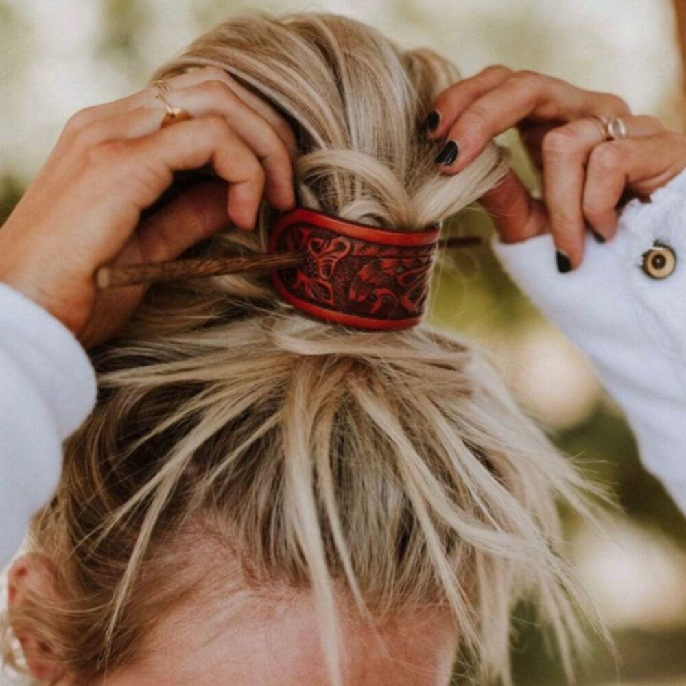 Boho THREE BIRD NEST Brown Leather Stick Hair Bun Wrap Barrette NWOT